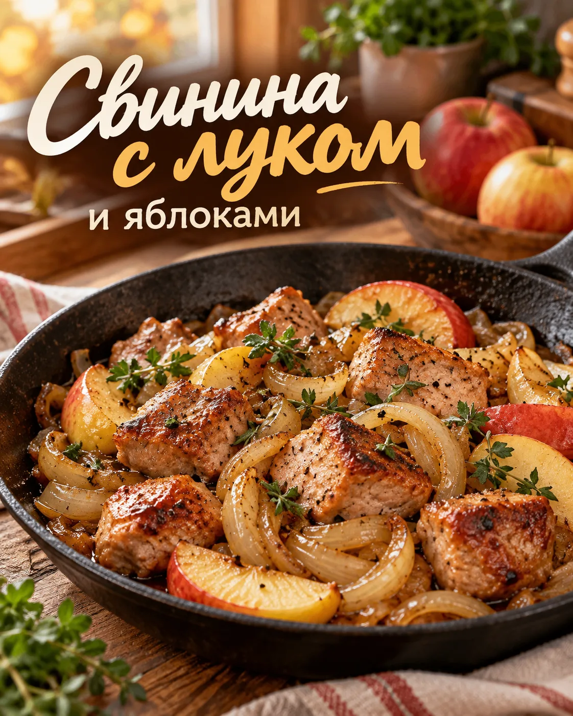 Свинина с луком и яблоками на сковороде