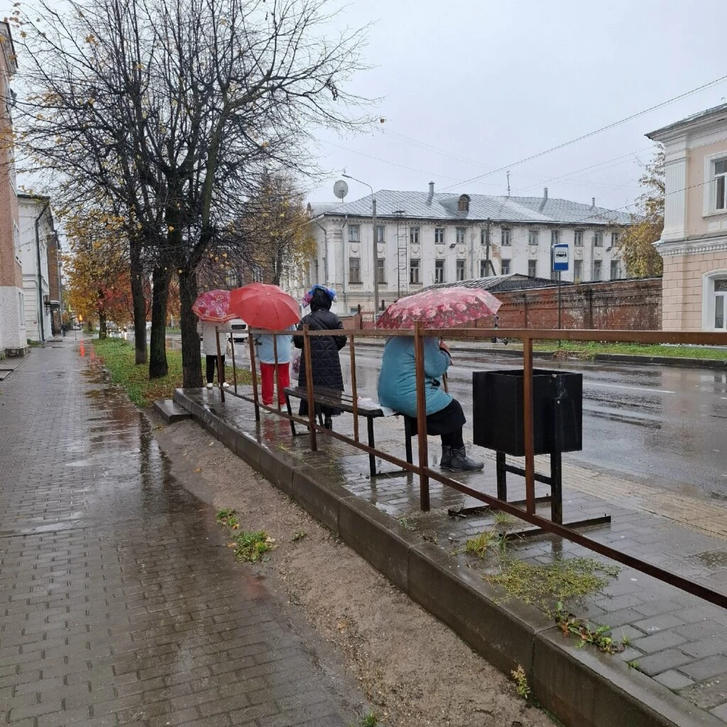 УКРЫТЬСЯ НЕГДЕ: ПАССАЖИРЫ ЖДУТ АВТОБУСА ПОД ОТКРЫТЫМ НЕБОМ НА УЛИЦЕ КНЯЗЕВА В КОСТРОМЕ