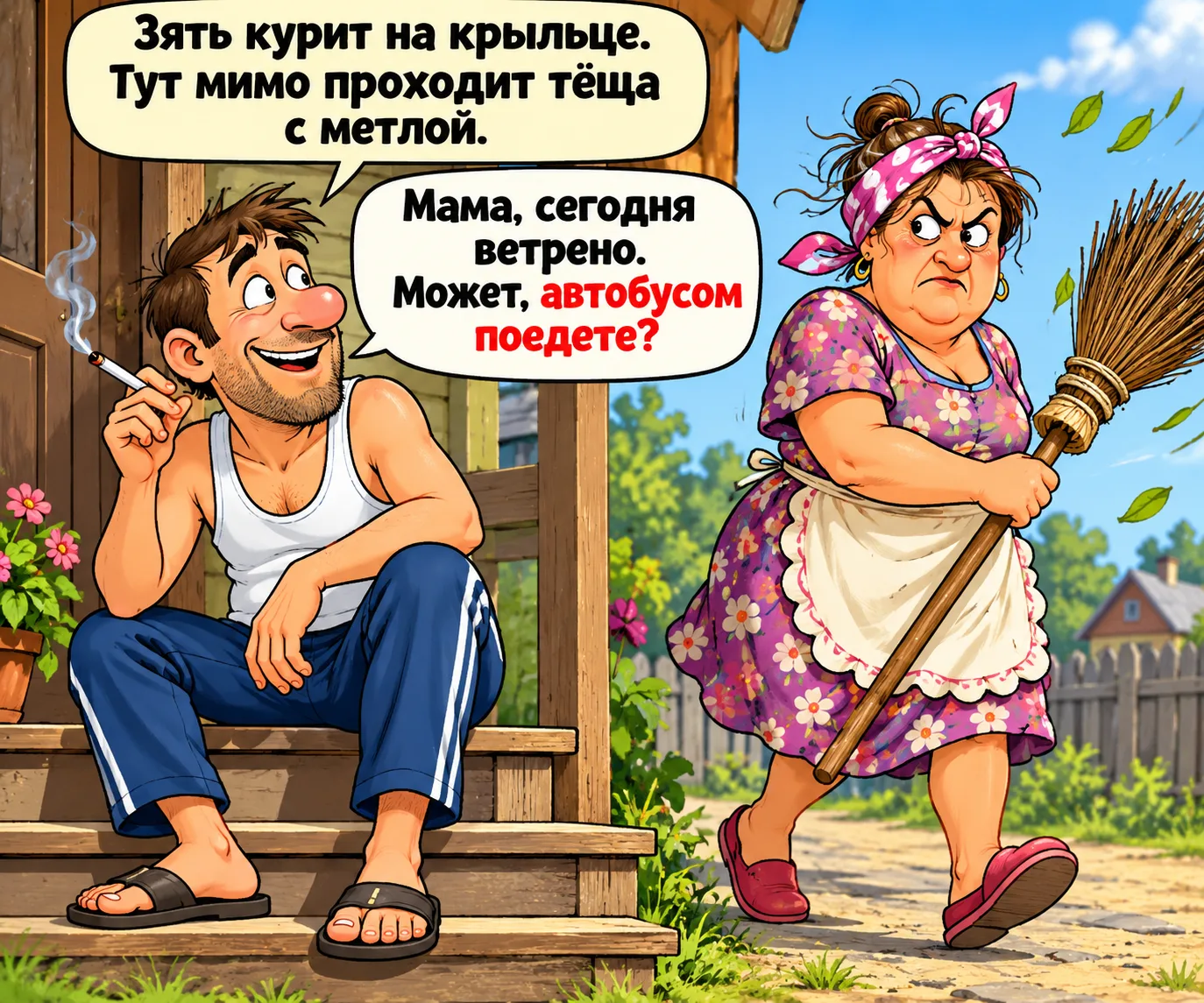 Зять курит на крыльце. Тут мимо проходит тёща с метлой.