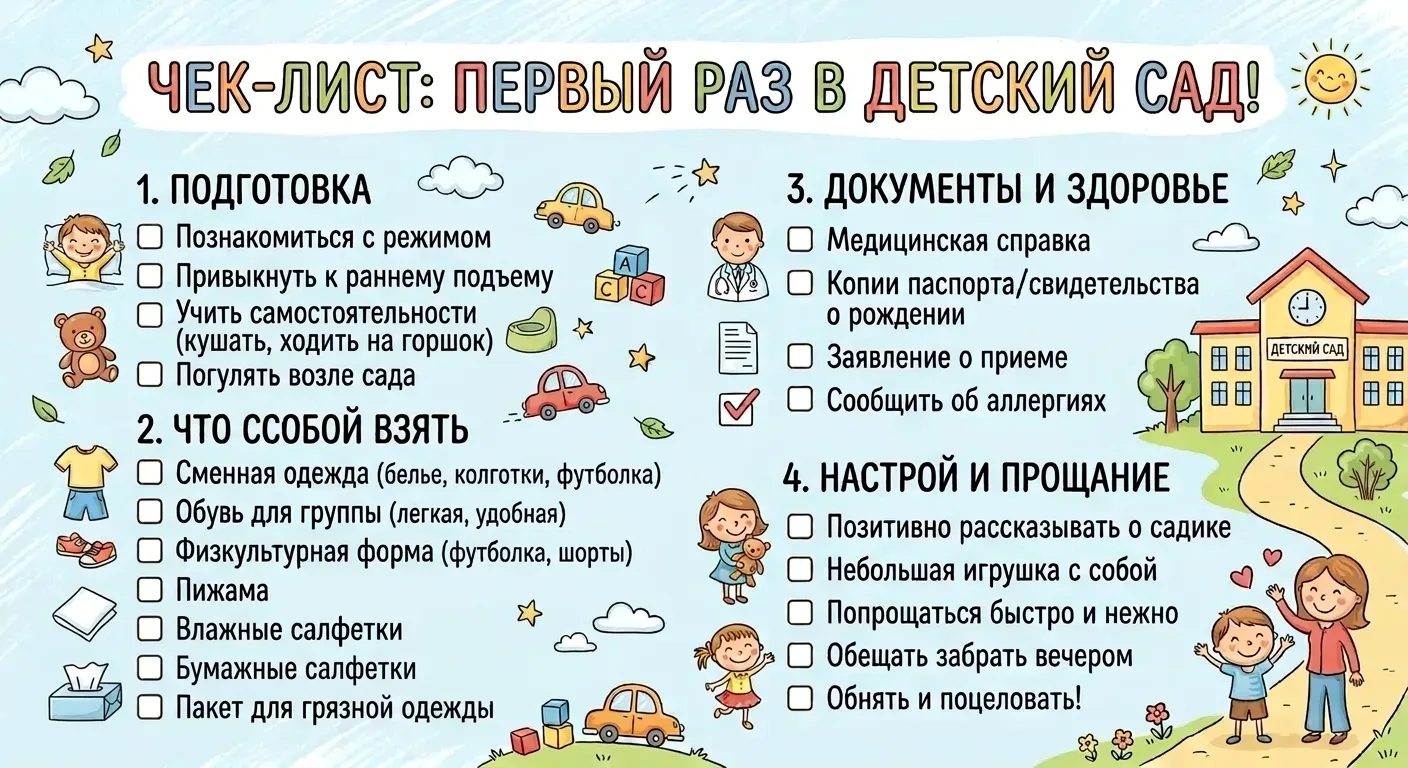 Подготовила для вас чек-лист для подготовки к первому походу в детский сад.