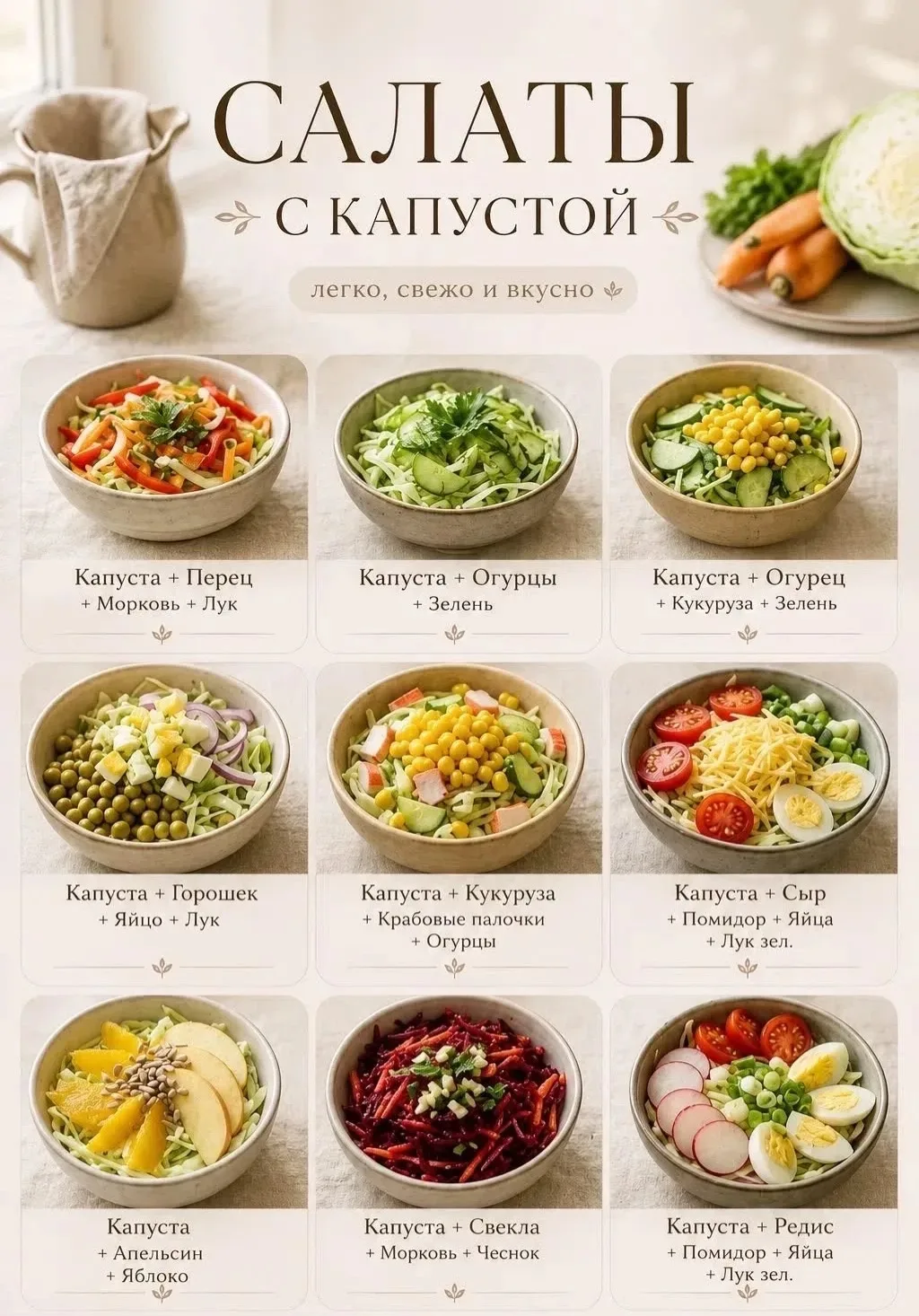 9 вариантов полезных и легких салатов с капустой 🥬✨