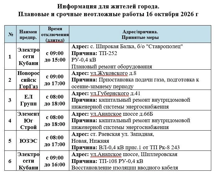 Плановые и срочные неотложные работы 16 октября 2026 г