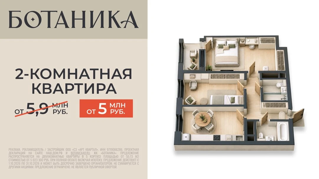 ЖК «Ботаника»: 2-к кв. от 5 млн ₽ вместо 5,9 млн ₽