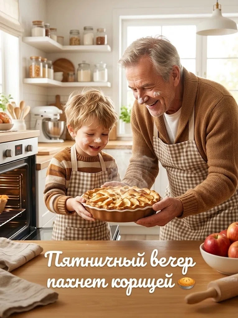 Пятничный вечер пахнет корицей, яблоками и домашним уютом! Дедушка с внуком достают из ...