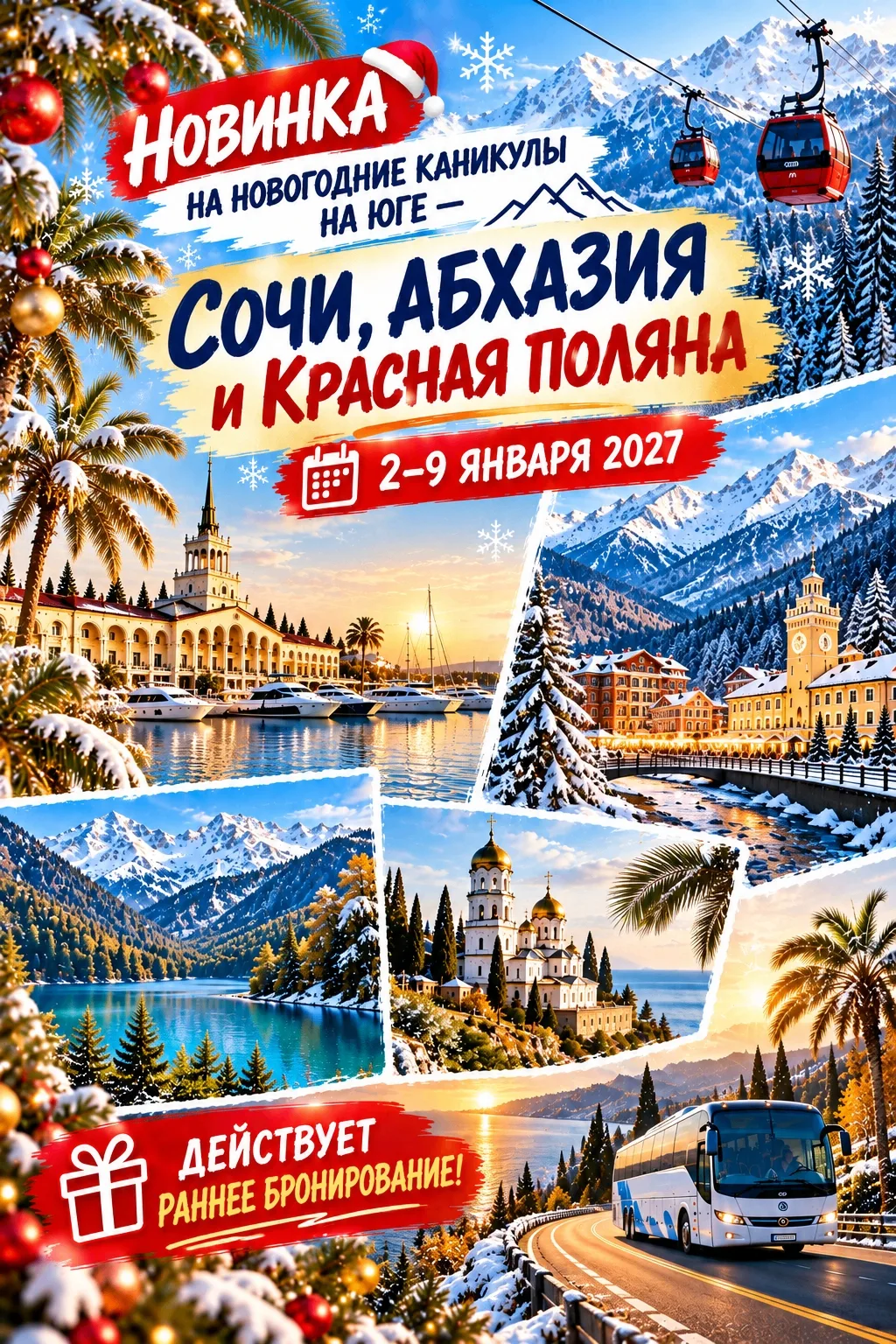 🔥НОВИНКА НА НОВОГОДНИЕ КАНИКУЛЫ НА ЮГЕ — СОЧИ, АБХАЗИЯ И КРАСНАЯ ПОЛЯНА ПО АКЦИИ!