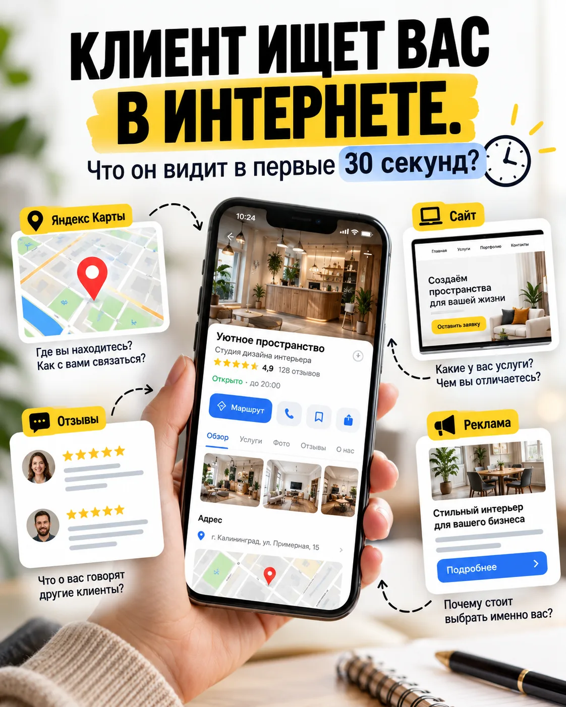 Клиент ищет вашу компанию в интернете. Что он видит в первые 30 секунд? 👀