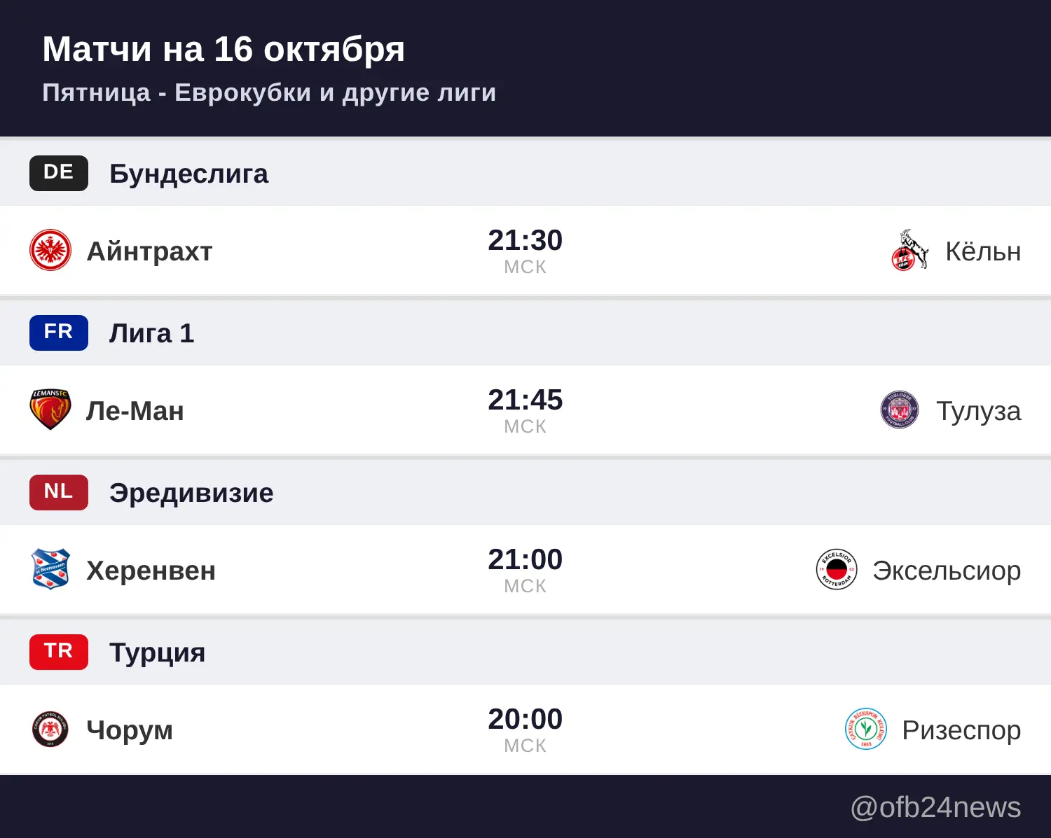Матчи на 16 октября
