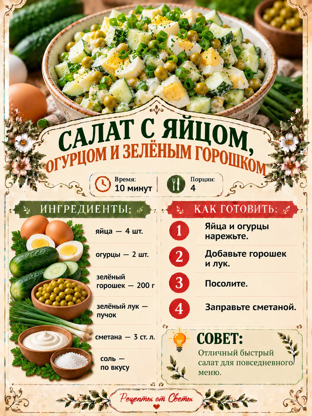 🥗 Свежий огурчик, яйцо и горошек: несколько простых продуктов, и салат уже на столе!