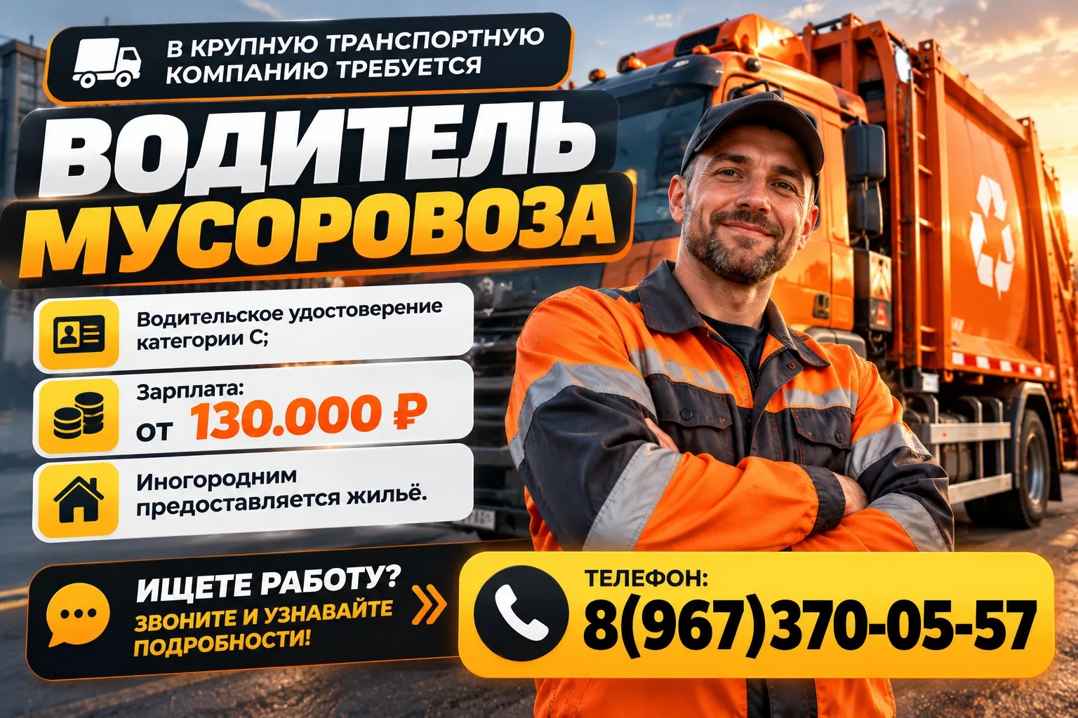 В крупную транспортную компанию требуется водитель мусоровоза