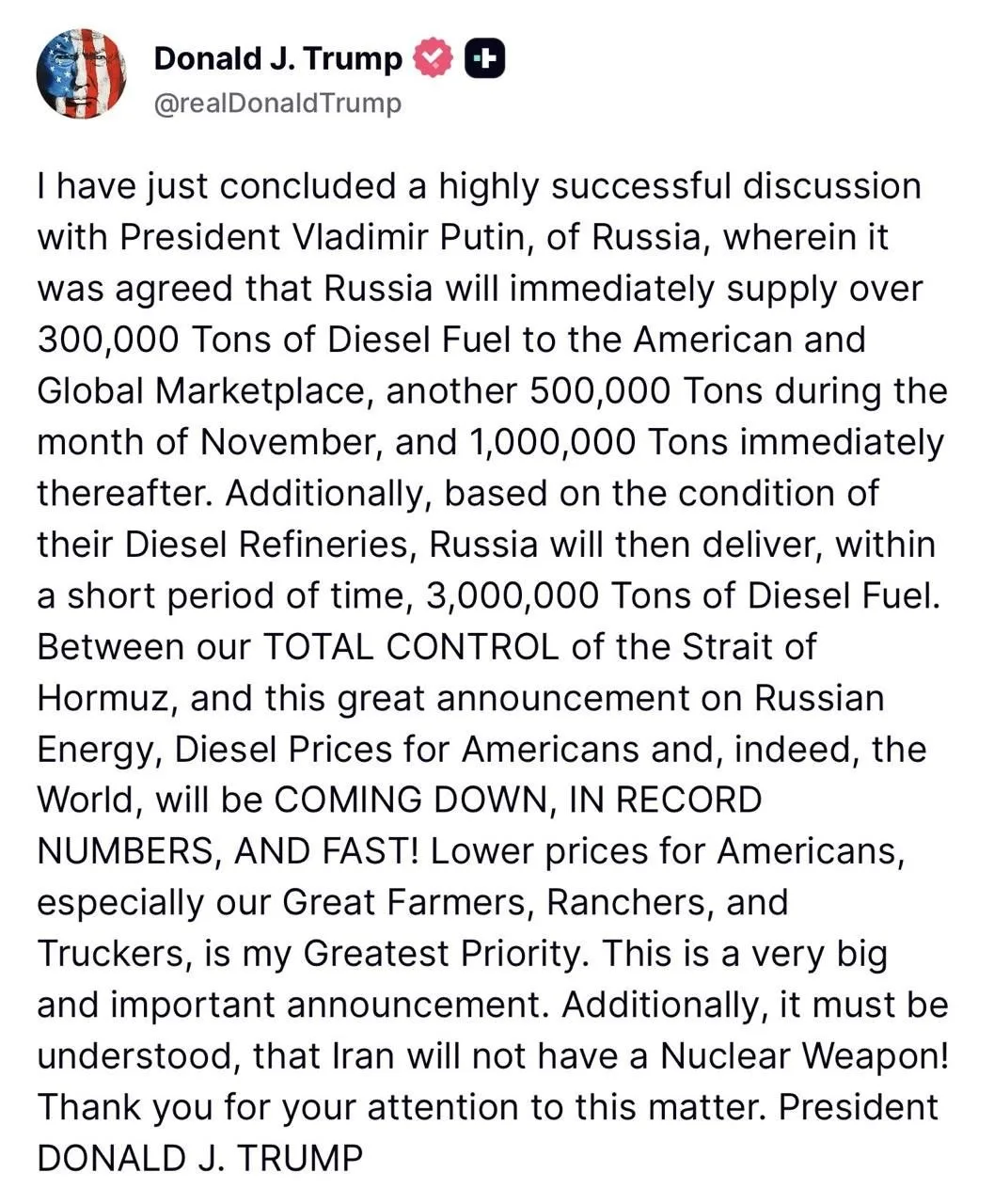 Россия спасёт США и поставит на мировой рынок больше 300 тысяч тонн дизельного топлива,...