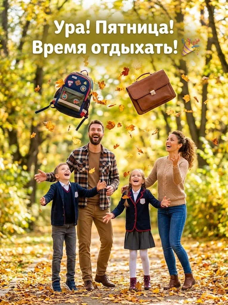 Ура! Пятница! Время отдыхать! Эта дружная семья уже подбросила портфели и рюкзаки вверх...
