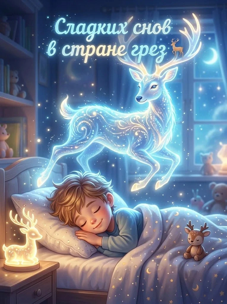 Сладких снов в стране грёз! Волшебный светящийся олень парит над кроватью, охраняя сон ...