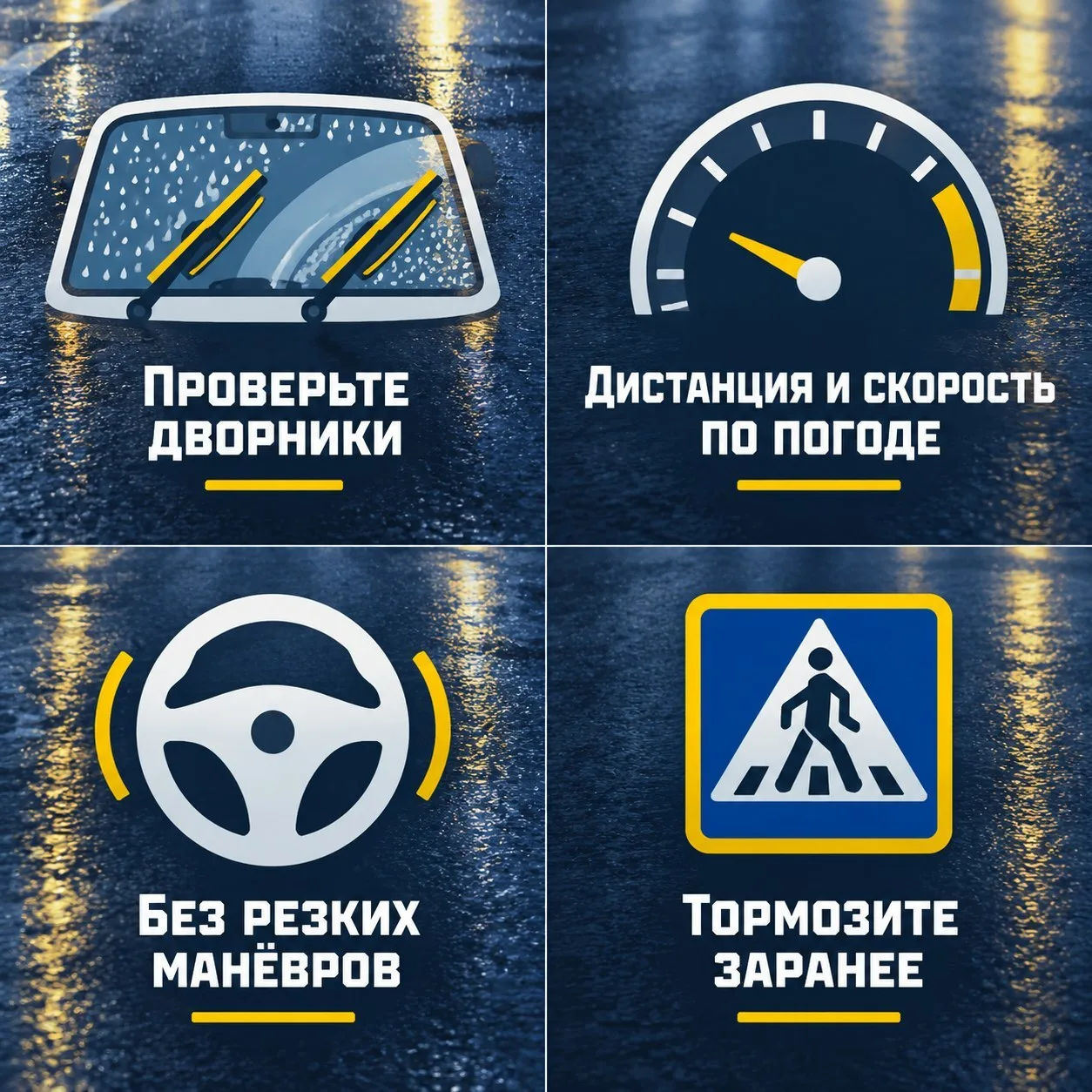 В городе местами идёт дождь, и за рулём стоит быть особенно внимательным: на мокром асф...
