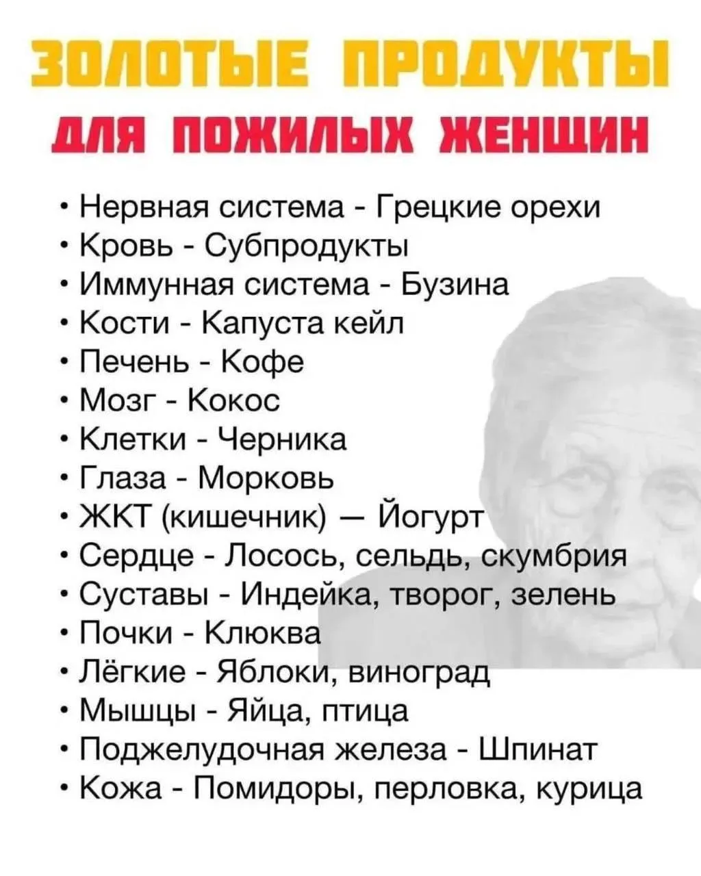 Золотые продукты для пожилых женщин 👀