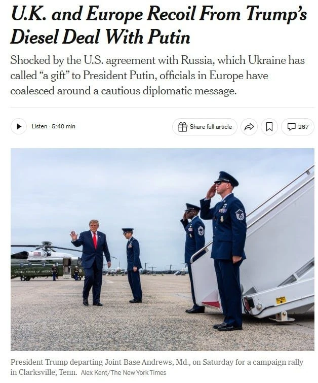 ❗️Европа не стала напрямую критиковать Трампа из-за договорённости с Россией по дизелю ...