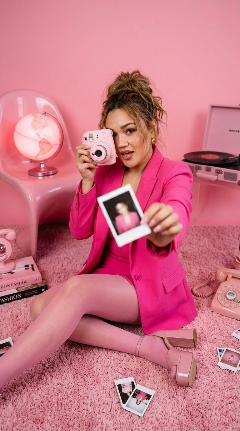 Ultra-realistic high-fashion editorial portrait in a vibrant monochromatic pink studio....