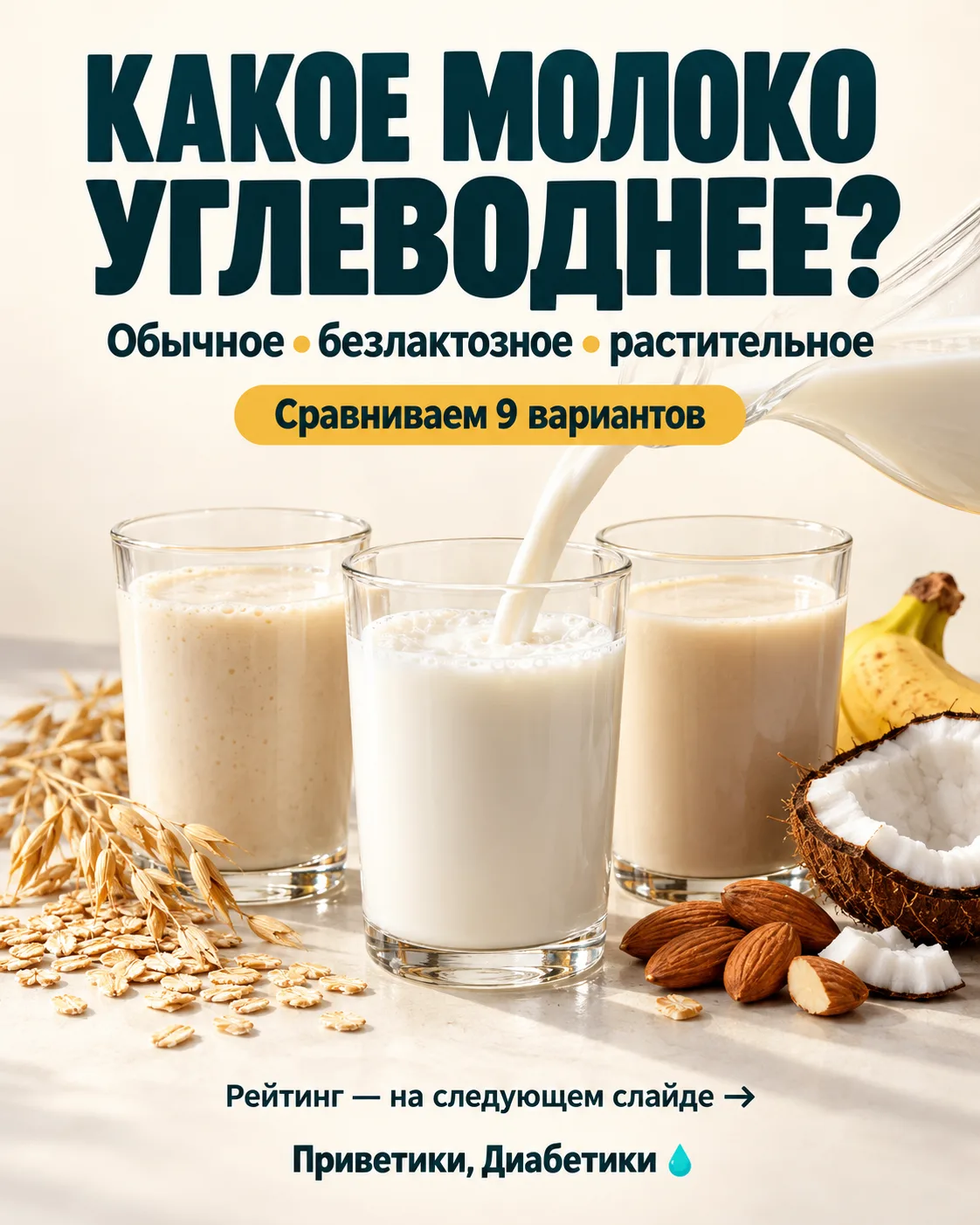 КАКОЕ МОЛОКО УГЛЕВОДНЕЕ — ОБЫЧНОЕ, БЕЗЛАКТОЗНОЕ ИЛИ РАСТИТЕЛЬНОЕ? 🥛