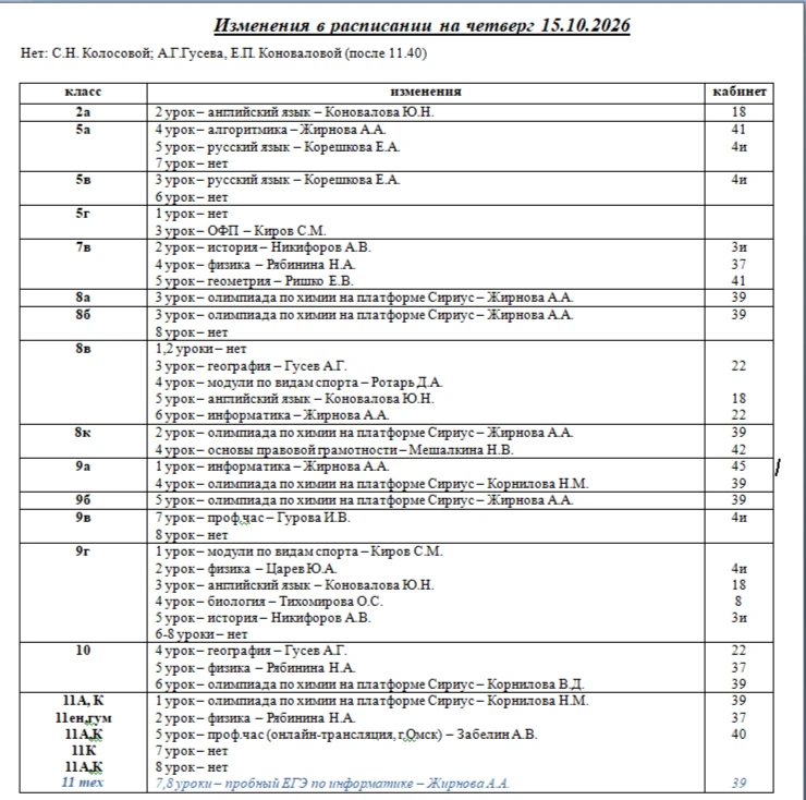 Изменения в расписании на 15 октября 2026 года