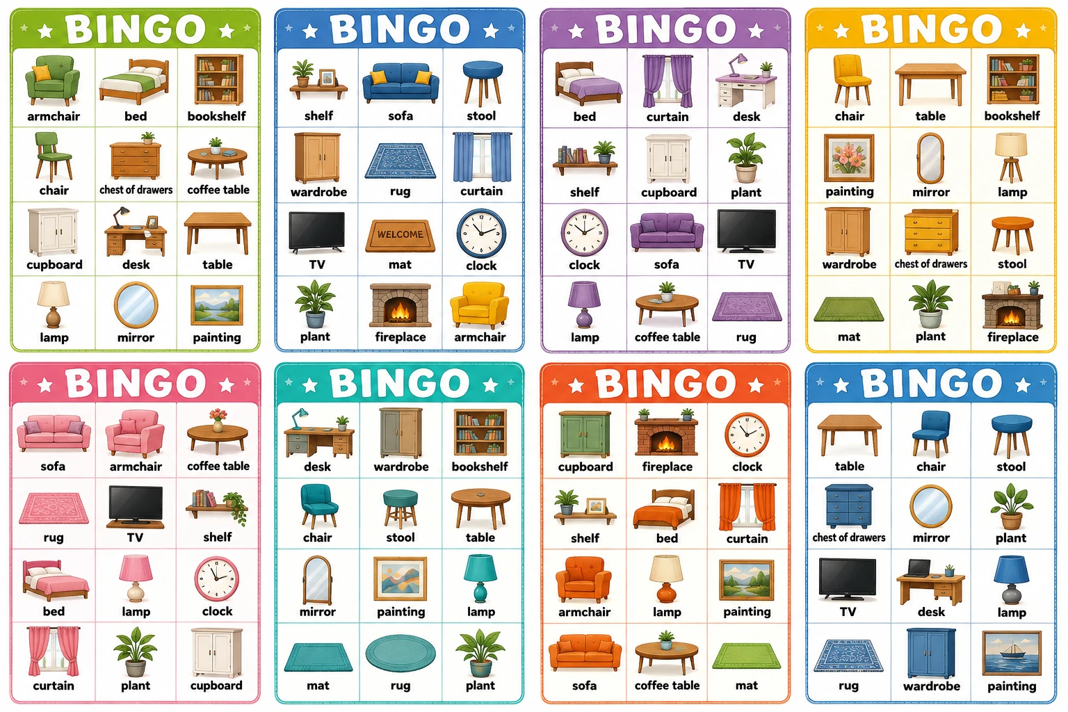 Лото по теме "Furniture". Игровые карты и список слов для ведущего. Скачивайте, распеча...