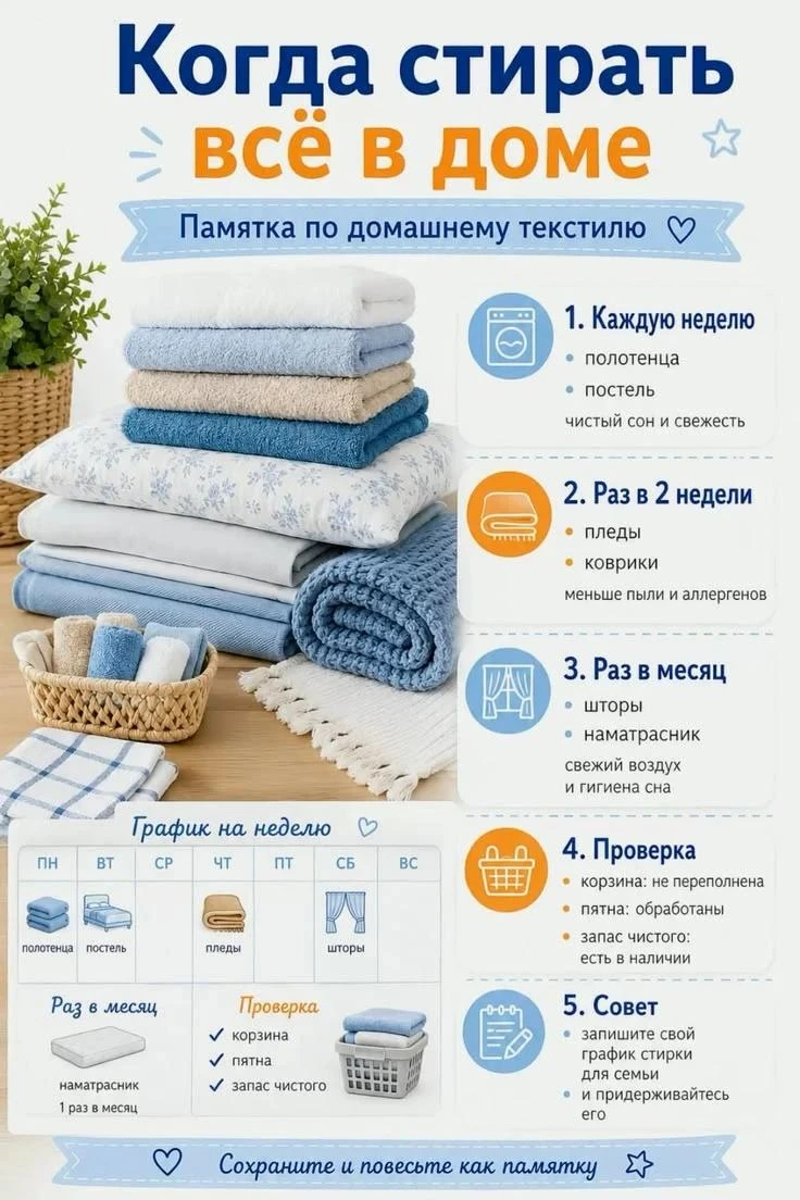 Когда стирать все в доме. Памятка по домашнему текстилю📌