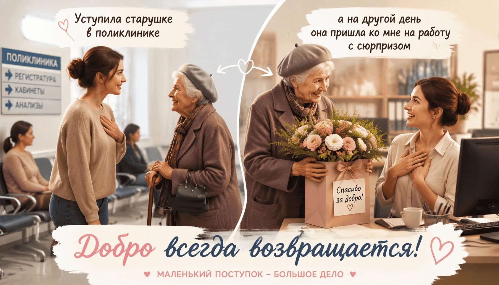 Уступила старушке в поликлинике, а на другой день она пришла ко мне на работу с сюрпризом