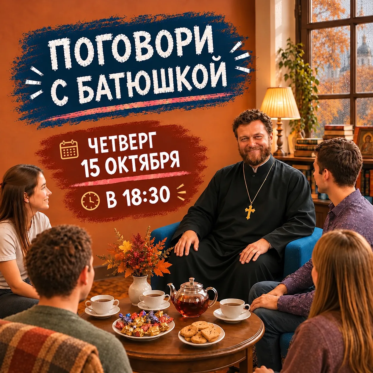 🕊️ Дождь за окном, а в нашей уютной библиотеке встреча с отцом Григорием