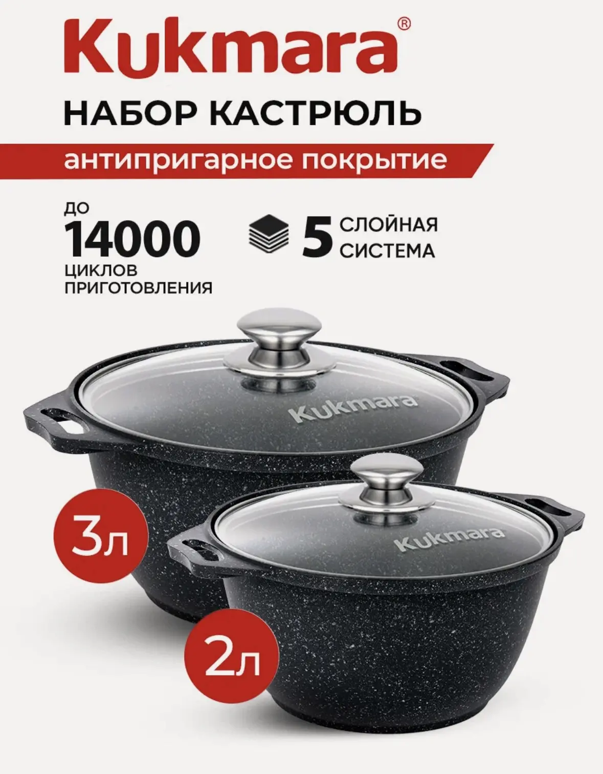 Набор кастрюль 2л 3л KUKMARA антипригарное покрытие со стеклянными крышками темный мрамор