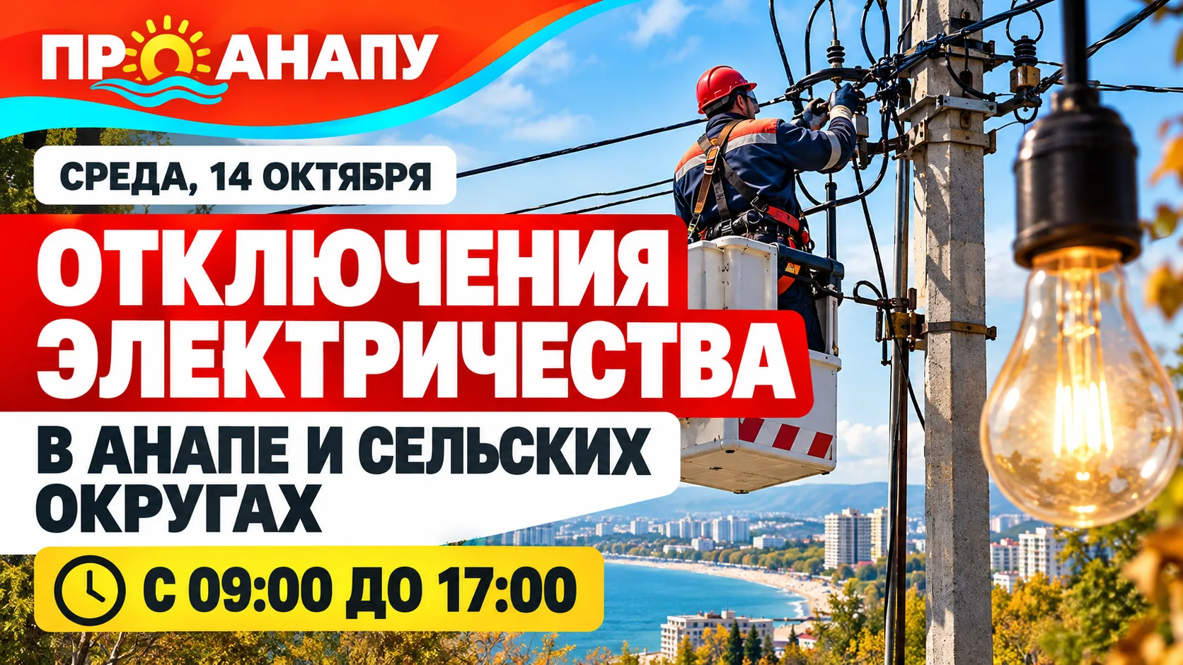 ⚡ 14 октября в Анапе и сельских округах запланированы отключения электричества