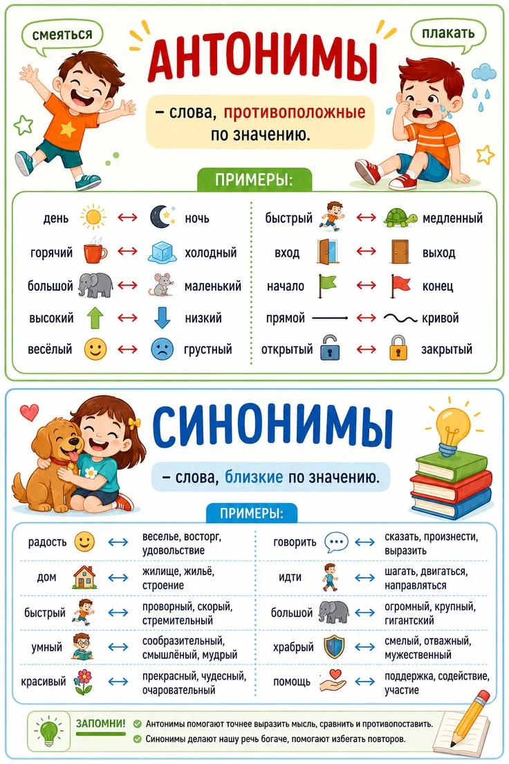 Рабочие листы и памятки для 2-3 классов по теме "синонимы, антонимы, омонимы".