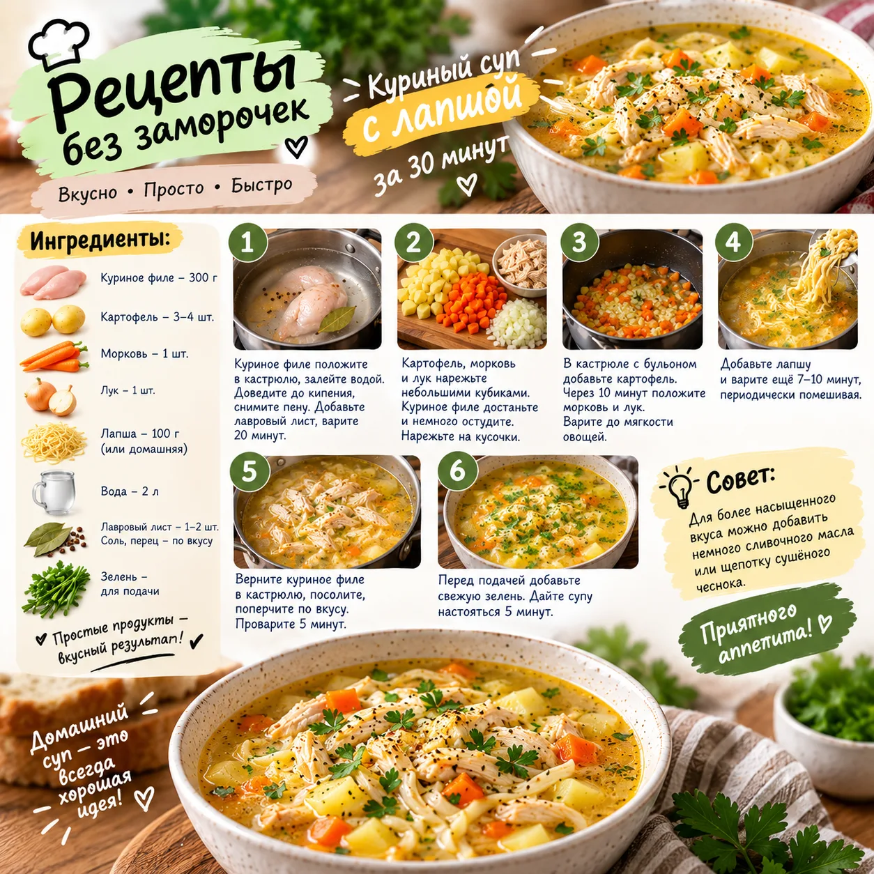 🍜 Обед — домашний куриный суп с лапшой