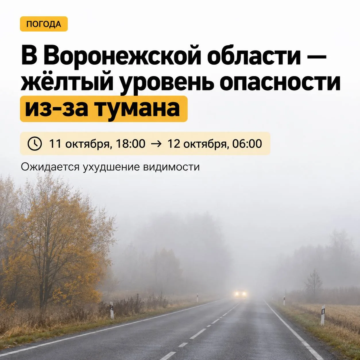 🌫 В Воронежской области из-за тумана объявили жёлтый уровень погодной опасности.