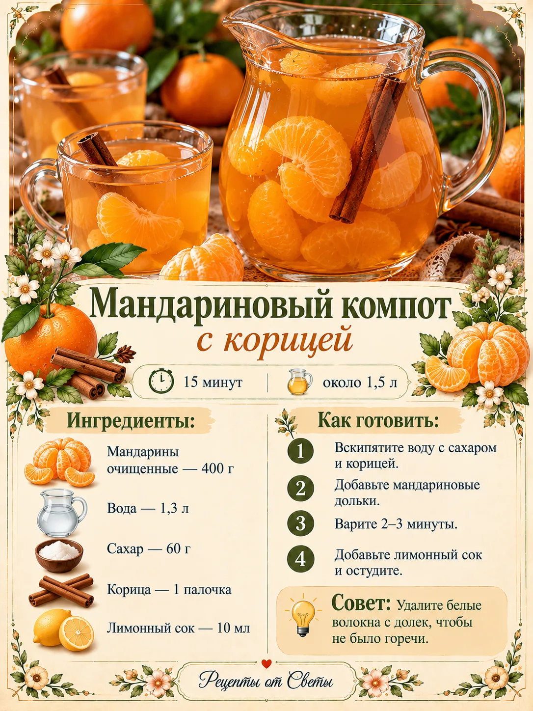 🍊 Ароматный мандариновый компот с корицей, и на кухне уже пахнет уютом и приближающими...