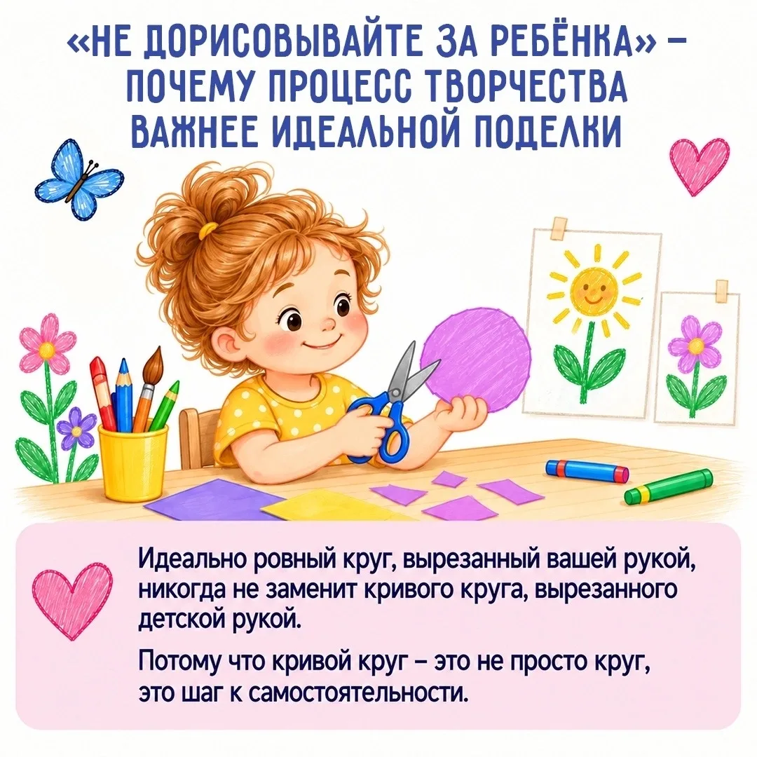 Памятка «Не дорисовывайте за ребёнка - почему процесс творчества важнее идеальной поделки»
