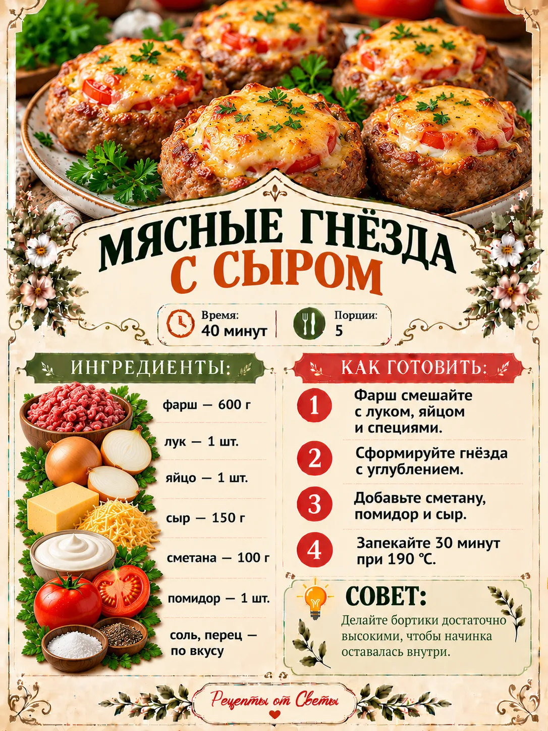 🍖 Вместо привычных котлет приготовим мясные гнёзда с сыром: красиво, сочно и по-домашн...