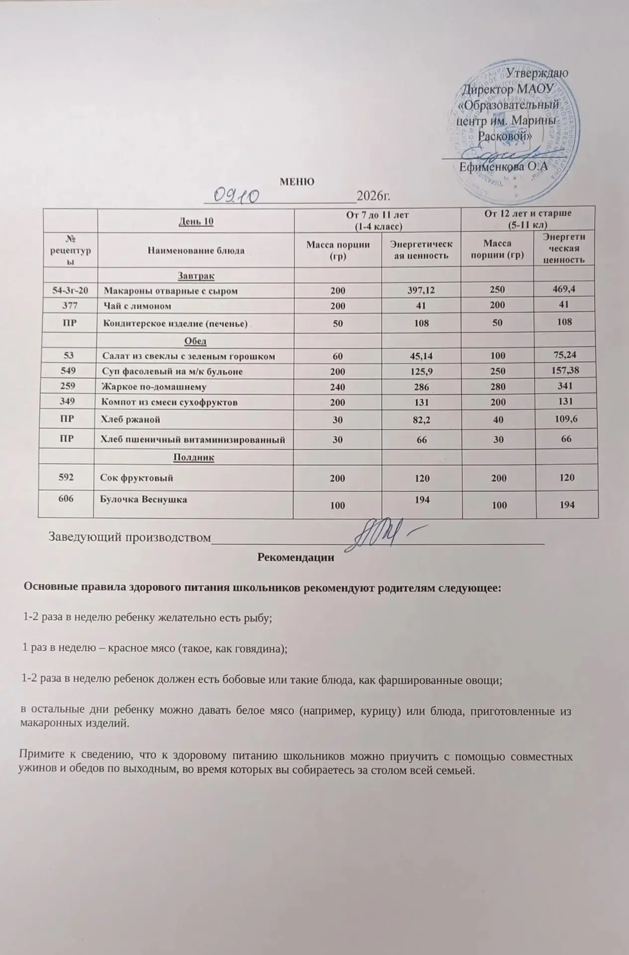 Вид питания: завтрак