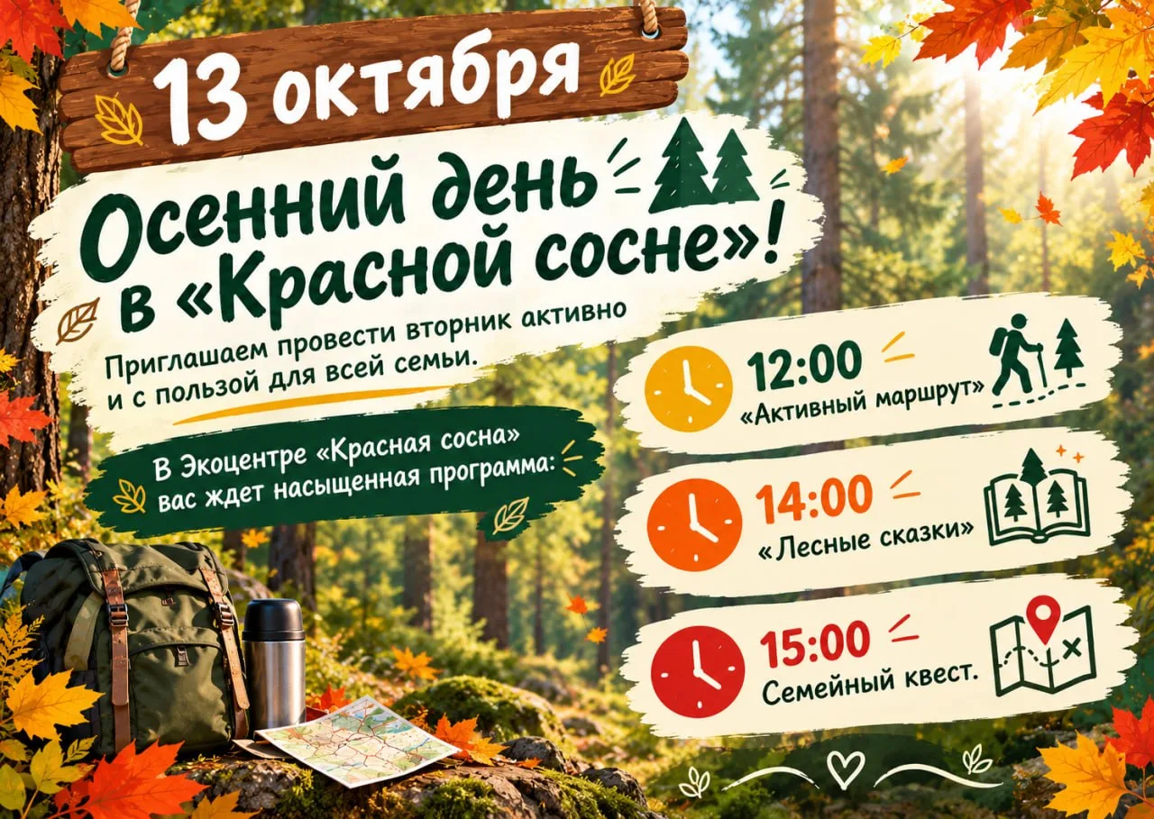 В экоцентре "Красная сосна" 13 октября будет осенний день для детей и взрослых. В прогр...