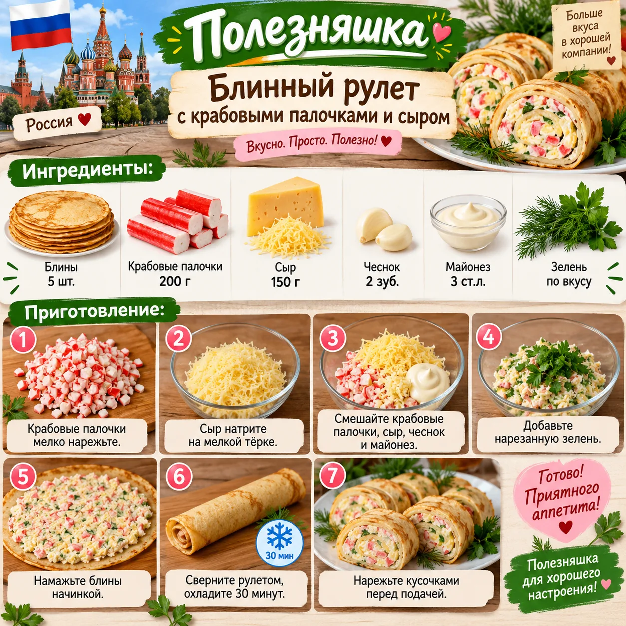 Блинный рулет с крабовыми палочками и сыром                                            ...