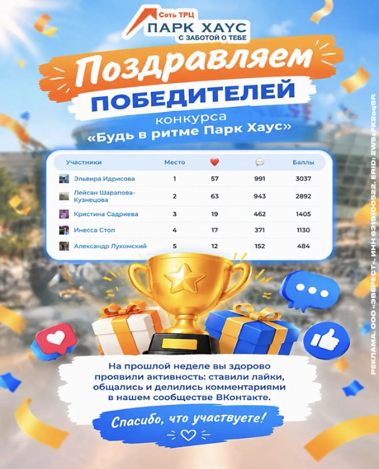 🎉Поздравляем победителей конкурса «Будь в ритме Парк Хаус»!