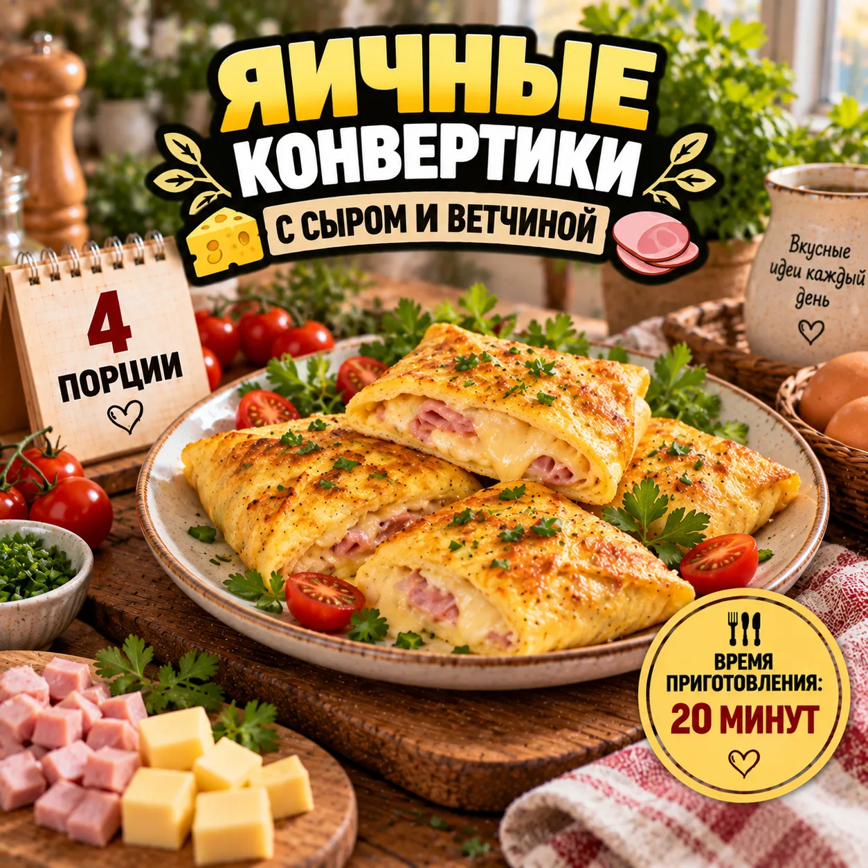 🍳 ЯИЧНЫЕ КОНВЕРТИКИ С СЫРОМ И ВЕТЧИНОЙ