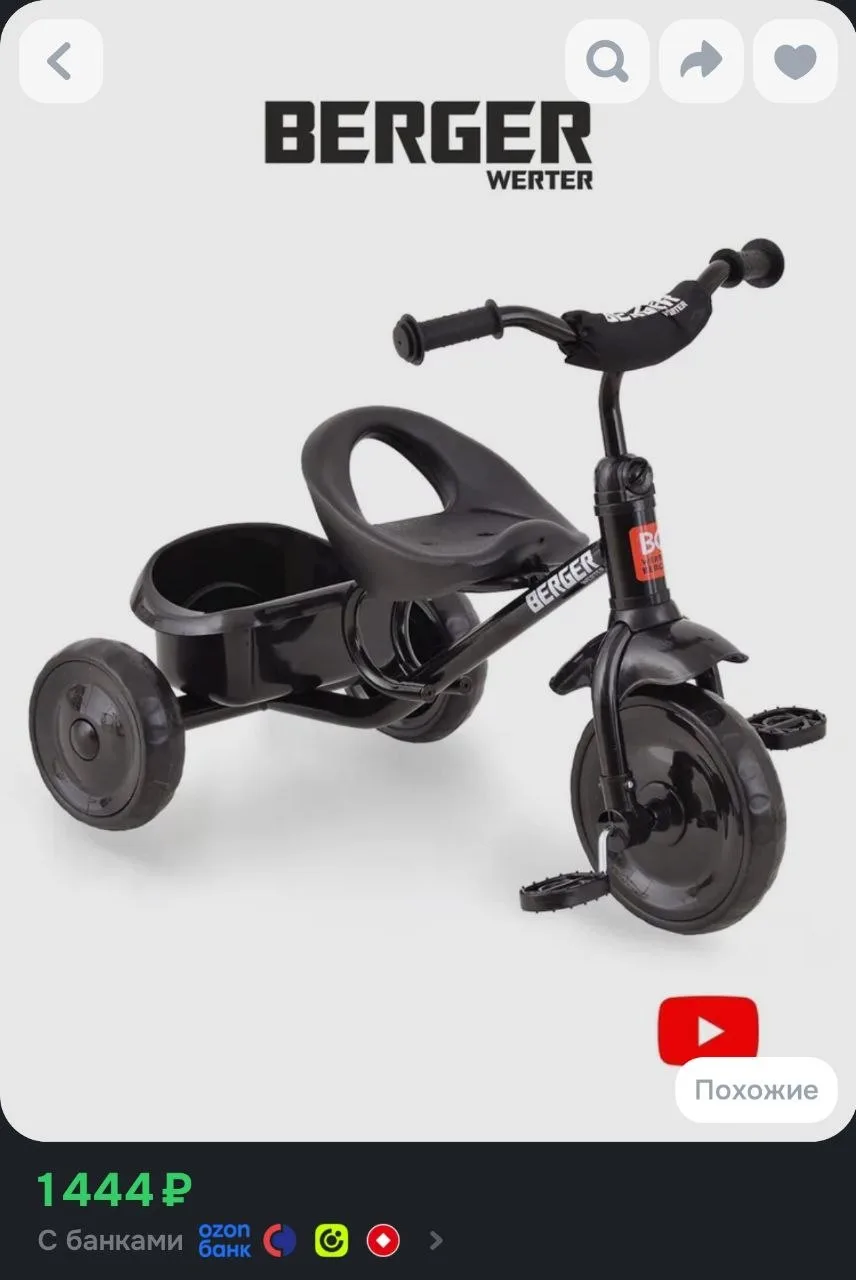 Велосипед детский без ручки TRIKE WERTER BERGER трехколесный черный