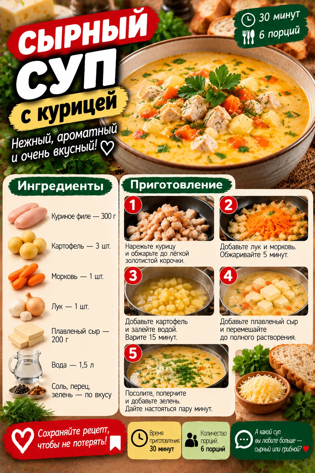 🧀 СЫРНЫЙ СУП С КУРИЦЕЙ 🍲❤️Нежный, сливочный и очень ароматный суп, который понравится...