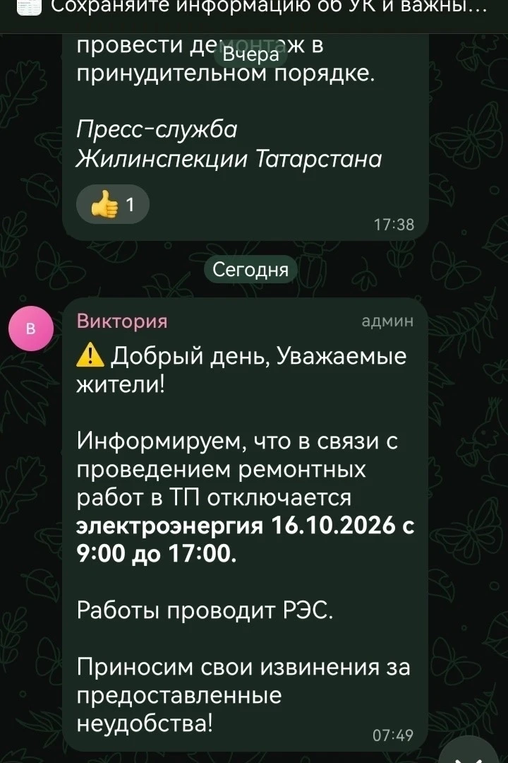 В домовом чате предупредили об отключении электроэнергии завтра 16.10.26.