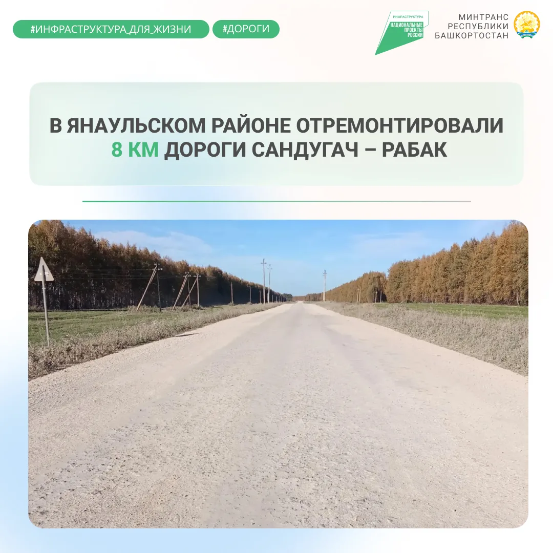 ⚡️ В Янаульском районе отремонтировали 8 км дороги Сандугач – Рабак