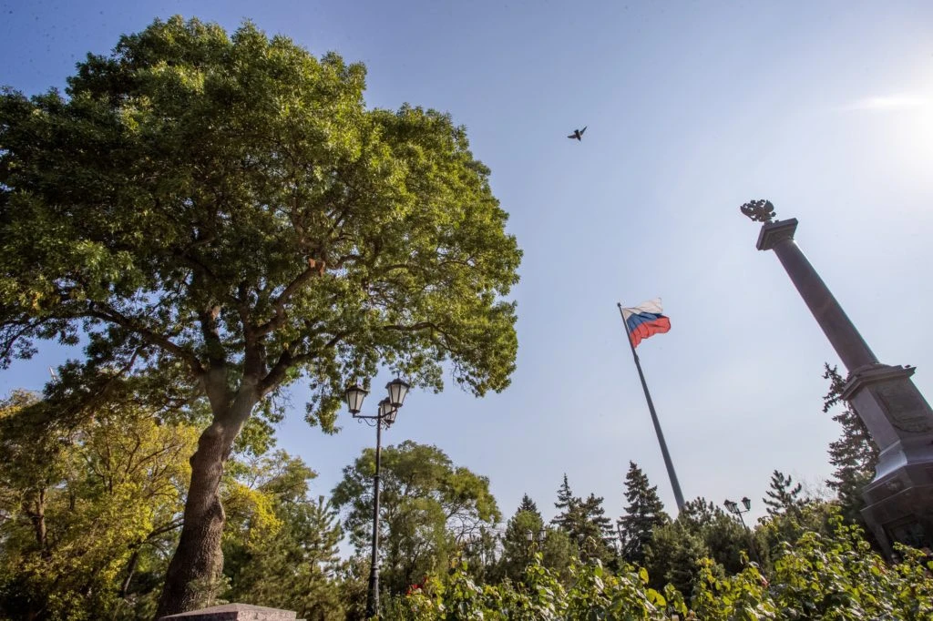 В связи с прогнозируемыми сильными порывами ветра флаг в сквере «Россия» будет временно...