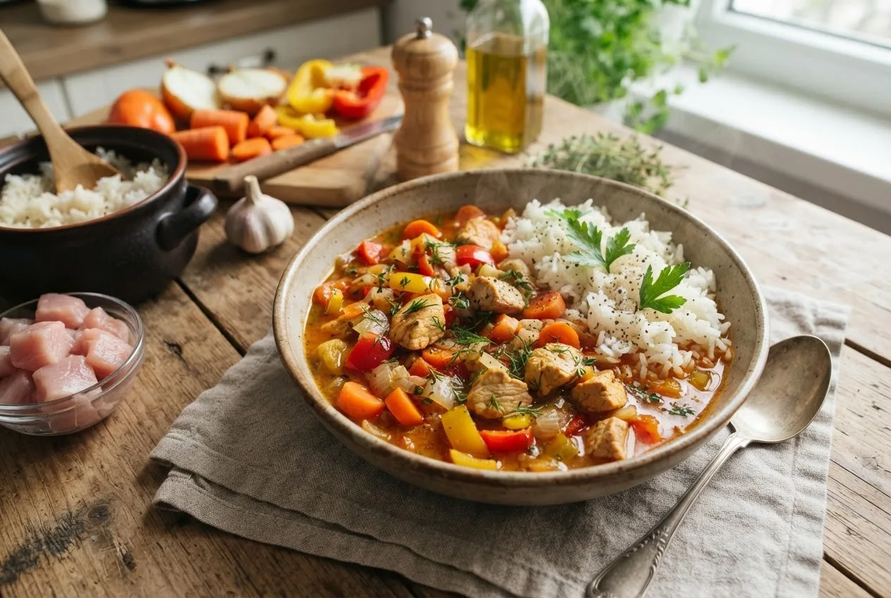 Рецепт тушеной индейки с овощами и рисом