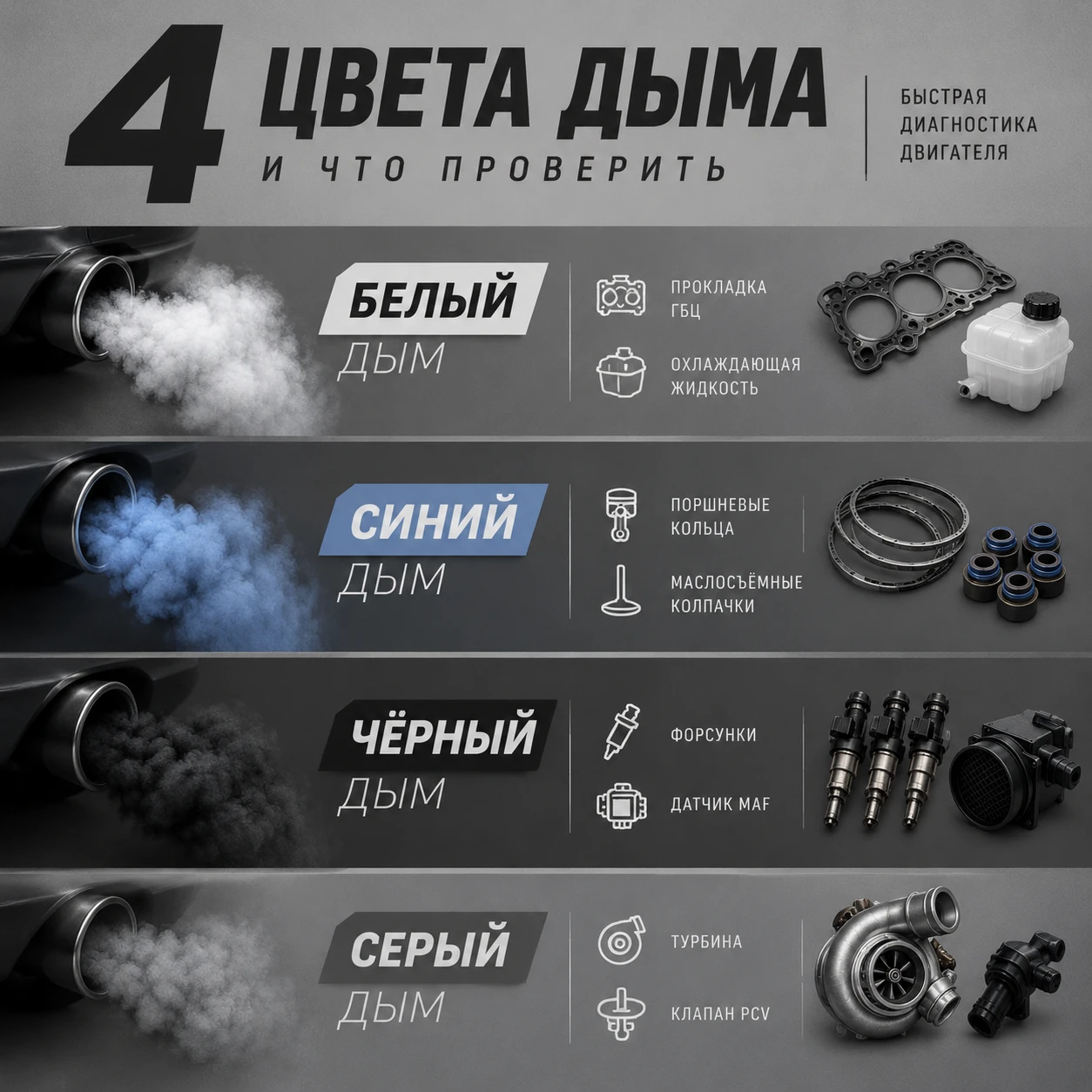 💨 Цвет дыма из выхлопной — это прямой сигнал о конкретной поломке. Сохраняйте шпаргалк...