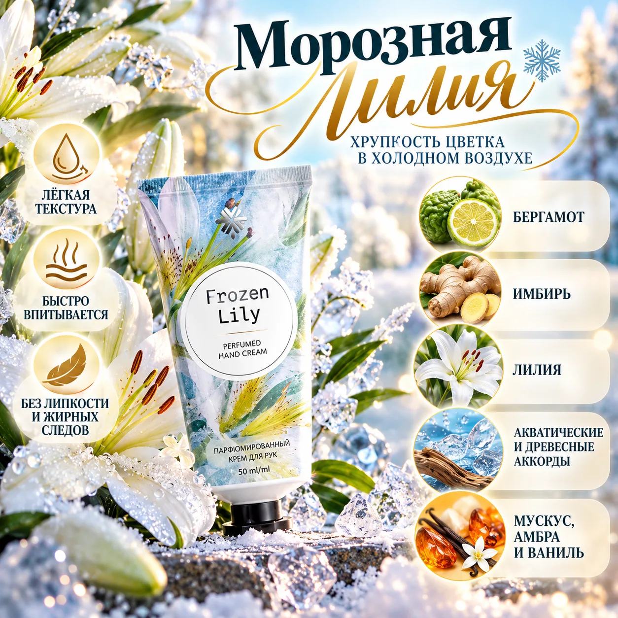 🌸 Морозная лилия: хрупкость цветка в холодном воздухе.