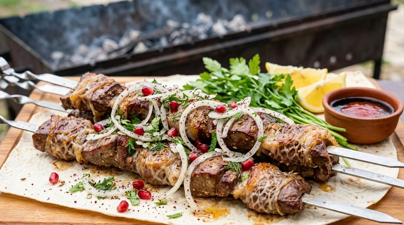 Сочный шашлык из печени в жировой сетке (сальнике)