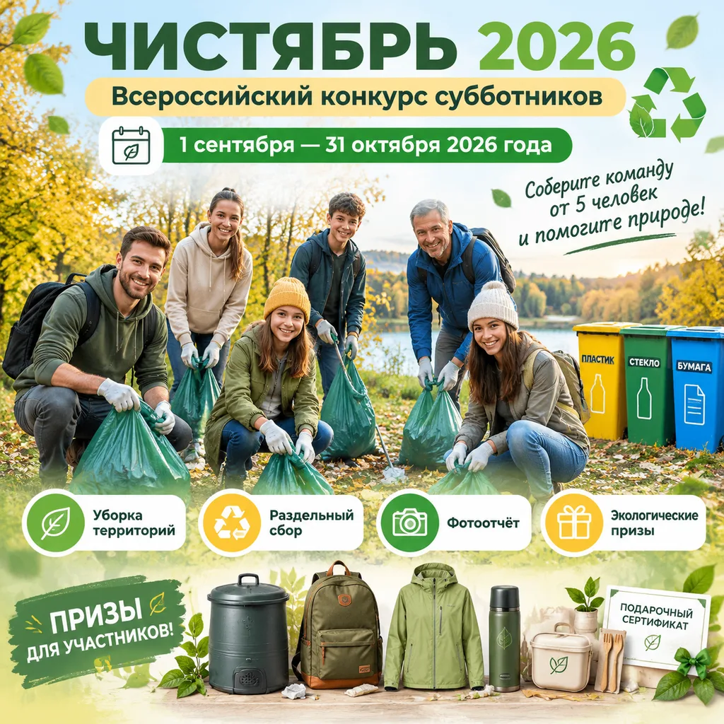 Всероссийский конкурс субботников «Чистябрь 2026»: очистим природу вместе и получим призы