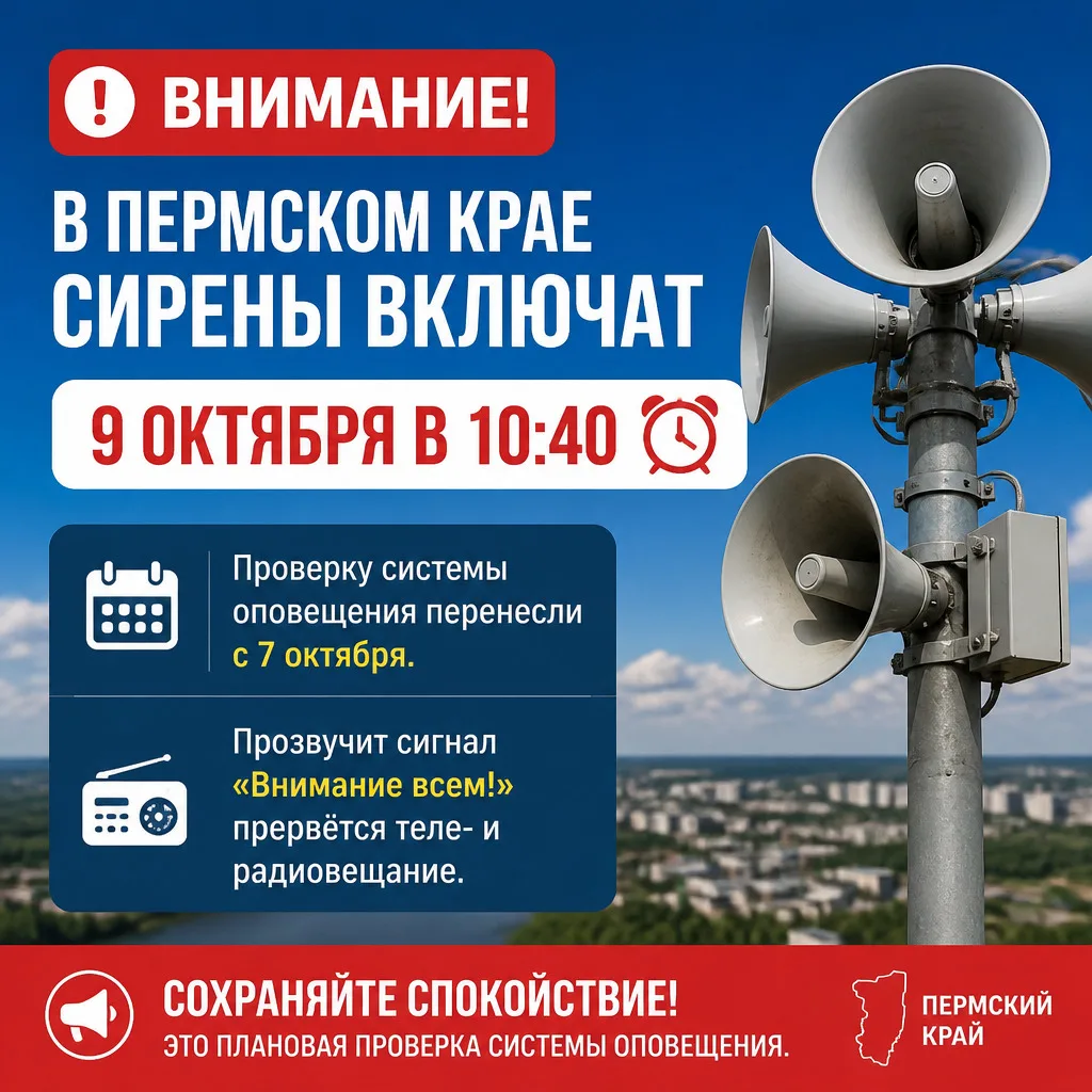 🚨 В Пермском крае сирены включат 9 октября в 10:40
